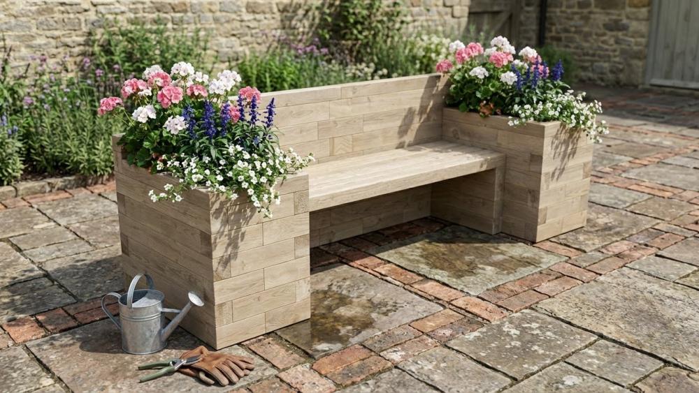 Tuinbank en zithoek gebouwd met WoodBlocX-componenten