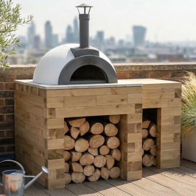 Houten pizzaoventafel met werkblad / 1,5 x 0,9 x 0,95 m