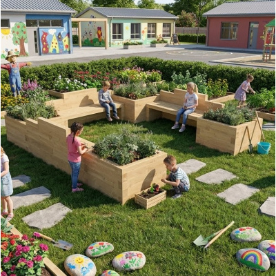 Kindertuinbank met Moestuinbakken - U-vorm / 3,0 x 3,0 x 0,65 m