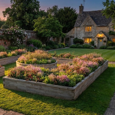 Tuinbak Kader met ronde Moestuinbak / 6.675m x 6.4m x 0.45m