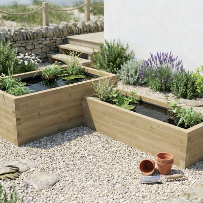 Dubbele verhoogde vijver in L-vorm / 3.0 x 1.875 x 0.65m