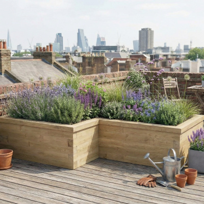 Brede L-vormige plantenbak / 225 x 150 x 120 x 120 x 55 cm