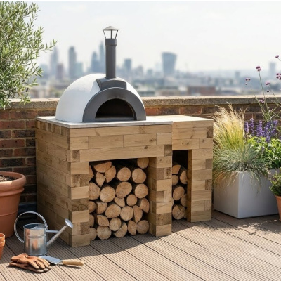 Houten pizzaoventafel met werkblad / 1,5 x 0,9 x 0,95 m