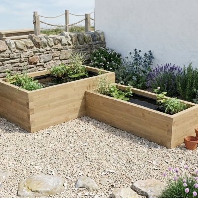 Dubbele verhoogde vijver in L-vorm / 3.0 x 1.875 x 0.65m