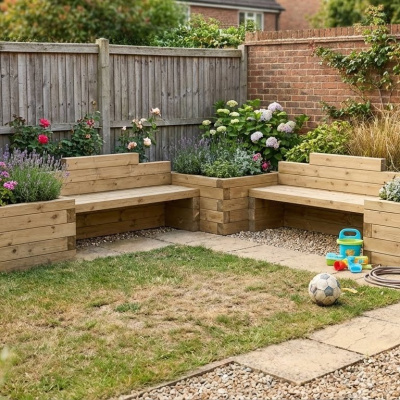 Kindertuinbank - Zithoek met moestuinbakken / 300 x 300 x 65 cm