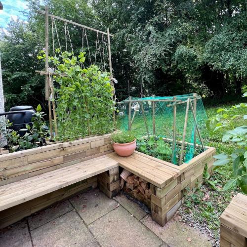 Adie’s patio met verhoogde plantenbanken